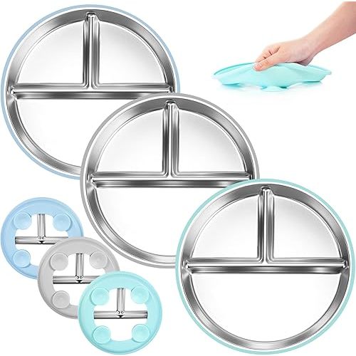 Bella's Friends Stainless Steel Toddler Plates Silicone Suction,3 Packs Non-Slip Kids Plates,Divided Portion,Food-Grade Silicone Plate for Baby,LEAD-FREE Dishwasher Safe,Blue Mint Green Grey