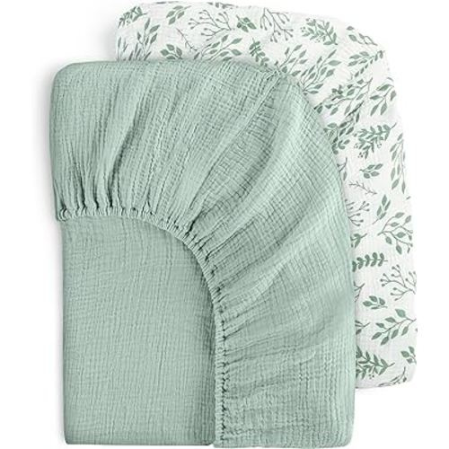 Yoofoss Muslin Crib Sheets for Boys Girls 100% Cotton Fitted Baby Crib Sheet 2 Pack Soft and Breathable for Standard Crib Mattress & Toddler Mattress 52"x28" Leaves&Green