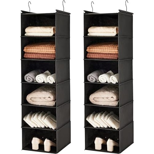 MAX Houser 6 Tier Shelf Hanging Closet Organizer, Closet Hanging Shelf with 2 Sturdy Hooks for Storage, 2 Pack, Foldable (Black)