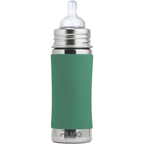 Pura Kiki 9oz/275ml Stainless Steel Infant Bottle w/Sleeve, Anti-Colic, Medical-Grade Silicone, Medium-Flow Nipple, for Babies 3 Months & Up - Mint