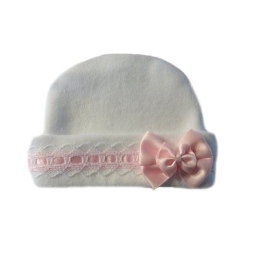 Jacqui's Baby Girls' Lovely White Hat with Pink Lace Trim