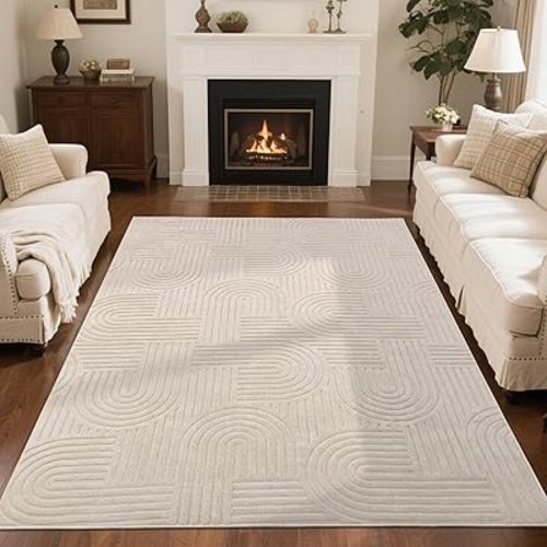 SHACOS Soft Cozy Fluffy Arch Pattern High Low Pile Area Rugs 5'x7' Non Slip Washable Scandinavian Minimalist Rug Modern Geometric Arc Carpet for Living Room Bedroom Dining Room, Beige