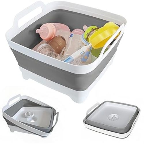 Collapsible Wash Basin for Baby Bottles with Drain Plug, 2.4 Gallons Space-Saving Camping Sink for RV, Collapsible Dish Tub (Gray)