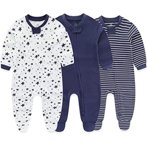 Newborn Baby Boy Girls Clothes 2-Way Zip Footed Cotton Bodysuit 3-Pack Long Sleeve Outfits 0-12Months Baby Pajamas
