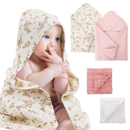 KABOER 4Pcs Muslin Baby Hooded Towel & Washcloth Set, Cotton Baby Bath Towels with Hood for Newborn, Ultra-Soft & Absorbent Baby Bath Towels