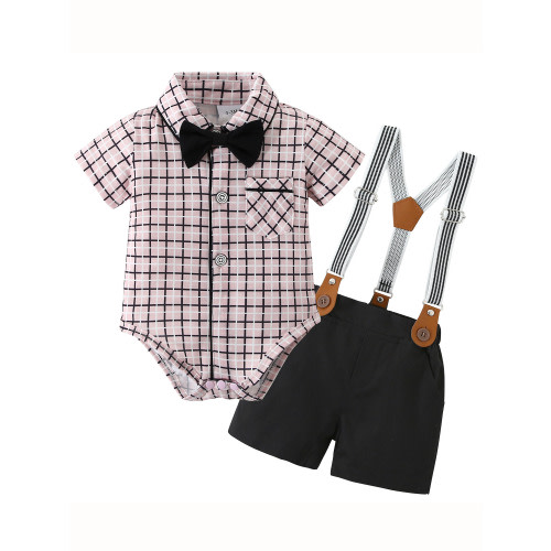 CARETOO Baby Boy Clothes Suit Romper Plaid Shirt Shorts Suspender Pants Formal Set 0-18 Months 3pcs
