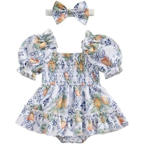 Newborn Baby Girl Bubble Romper Jumpsuit Princess Smocked Dress+headband Summer Clothes Outfit