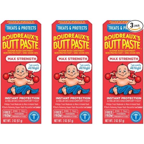 Boudreaux's Butt Paste Maximum Strength Diaper Rash Cream, Ointment for Baby, 2 oz Tube, 3 Pack