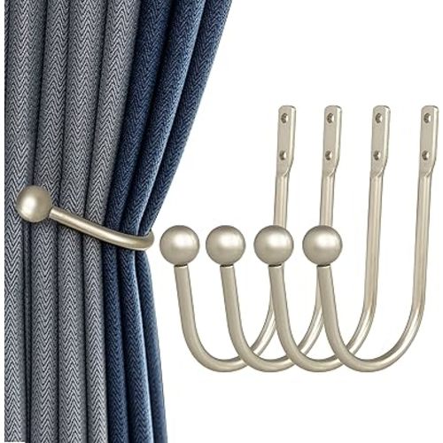 Curtain Holdback, 4 Pcs Wall Mounted Drapery Tiebacks with Screws, Heavy Duty Metal Decorative Window Drapery Holder Curtain Hook, Silver