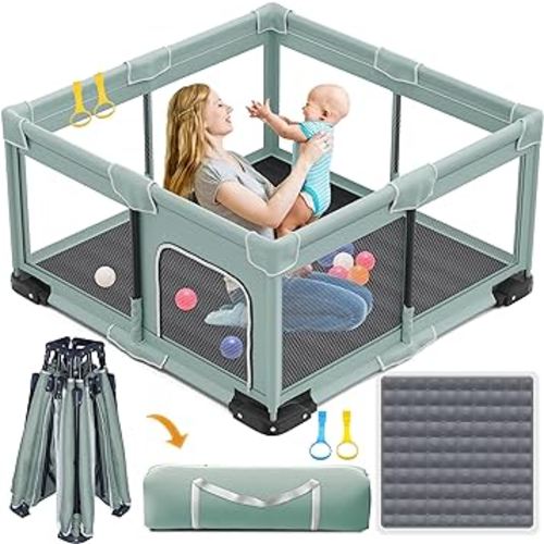 Foldable Playpen for Babies and Toddlers, 50x50 Inches Portable Playpen, Kids Collapsible Play Pen with 2 Handlers, Indoor & Outdoor Baby Fence Play Area with Visible Mesh, Light Green