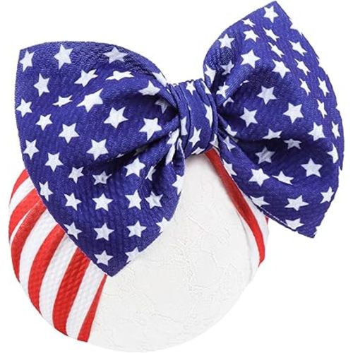 YanJie 4th of July Baby Nylon Headbands, Red Blue White Star Hair Accessories with Big Bows for Newborns, Infants, and Toddler Girls (America Flag)
