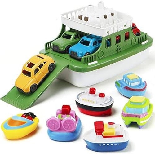Bath Boat Toy, 11-Piece Set with 4 Mini Cars & 6 Boat Squirters - Floating Toys for Bathtub, Bathroom, Pool, Beach - Toddlers, Boys & Girls