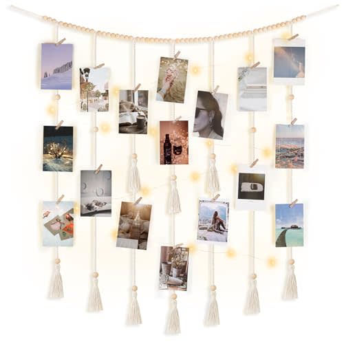 Mkono Macrame Hanging Photo Display Wall Decor with String Lights Boho Room Bedroom Wooden Beads Garland Picture Holder with 30 Clips