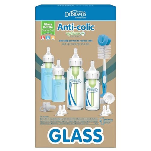 Dr. Brown's Natural Flow Anti-Colic Options+ Narrow Glass Baby Bottle Starter Set with Silicone Bottle Sleeves, Brush & Soft 100% Silicone HappyPaci Pacifier for Newborns, 0m+