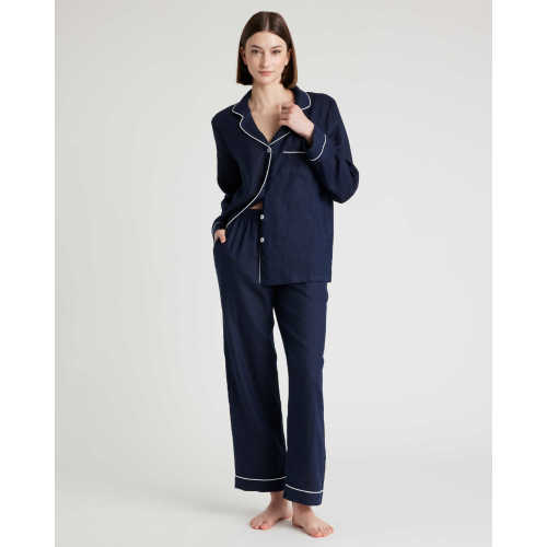 100% European Linen Long Sleeve Pajama Set with Piping
