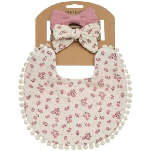 Baby Girls Floral Print Headbands and Bibs, Cotton Bib and Headband for Newborn Infant Toddlers Teething Eating