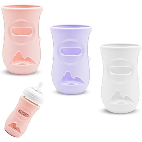 Silicone Sleeve for Philips Avent Glass Baby Bottle 8 oz, Glass Baby Bottle Sleeves, Thermal Insulation Heat Retention, Safe Soft Premium Non-Slip Silicone Cover, 3 Pack (White Purple Pink, 8 oz)