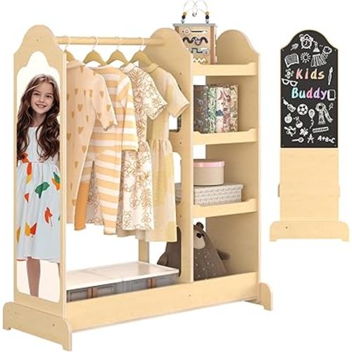 Kids Dress Up Storage with Mirror, Montessori Kids Closet with Blackboard and Stickers, Dress Up Storage for Little Girls Boys, Open Hanging Costume Closet with Hanging Rack for Toddlers Children Room