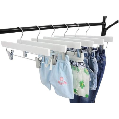 TOPIA HANGER 11.8'' White Wooden Pants Skirt Hangers for Kids Baby Toddler Children, Extra Thick Chrome Hooks & Anti-Wrinkle Premium Flat Clips 10 Pack CT09PW