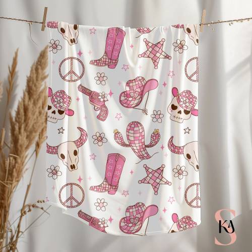 Disco Cowgirl Western Skull Bow Plush Blanket Soft Cowgirl Blanket Pink Fuzzy Blanket Bedroom Decor Cute Girl Room Decor Girls Bedding