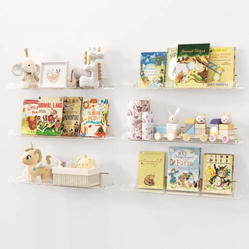 Lifewit Kids Bookshelf 6 Pack, 15" Acrylic Floating Shelves for Wall Mounted, Clear Clouds Nursery Book Toy Hanging Racks for Baby/Toddler/Children in Bedroom, Living Room Decor