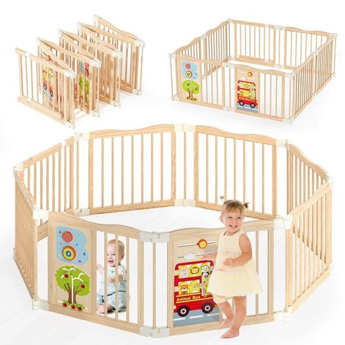 Foldable Wooden Playpen - Adjustable Wood Baby Play Yard with Child-Proof Lock, Indoor Large Safety Fence for Babies and Toddlers - Easy Assembly, 8 Panels with Sensory Toys