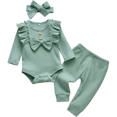 Newborn Infant Baby Girl Clothes Solid Color Ribbed Long Sleeve Romper Pants Headband Outfits Set - D Green