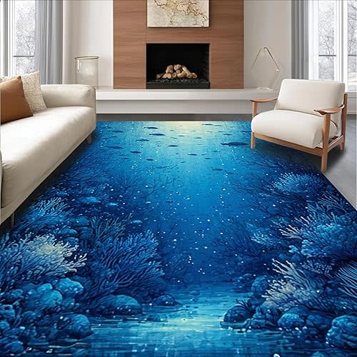 Design&I Area Rug 5x7, Nautical Voyage Ocean Creature Underwater Adventure Carpet, Machine Washable, Stain Resistant Indoor Rug for Living Room, Bedroom, Non Slip (Blue, 5x7)