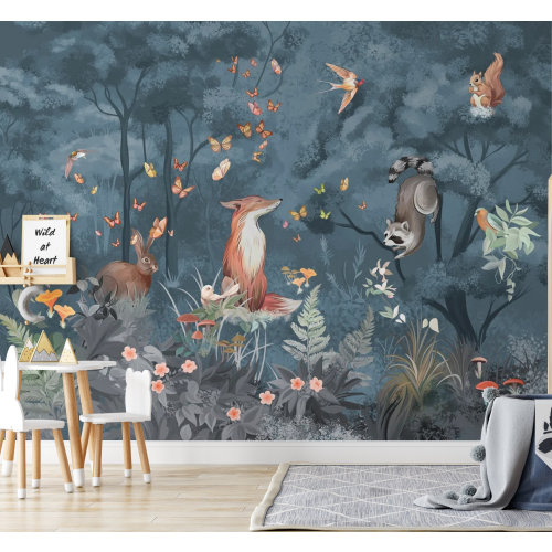 Kids Forest Animals Peel And Stick Wallpaper, Nursery Wallpaper, Woodland Animals Kids Wall Mural, Blue Forest Wallpaper