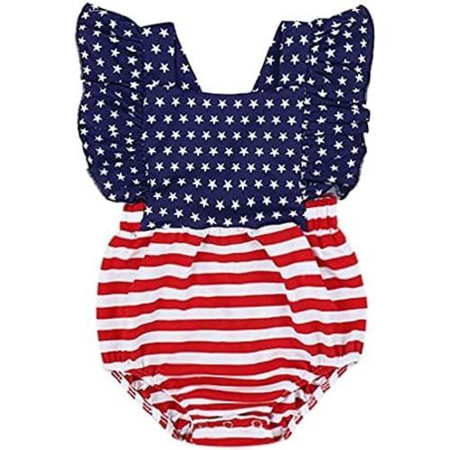 4th of July Baby Girl Outfits Stars Stripe Print Rompers Ruffled Bodysuit USA Flag Clothes