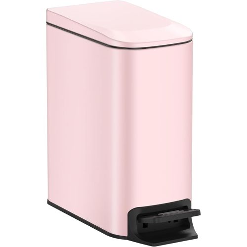 TIPGO Slim Bathroom Trash Can with Lid Soft Close, 6 Liter / 1.6 Gallon Stainless Steel Garbage with Removable Inner Bucket, Small Trash Bins for Bedroom, Office (Pink)