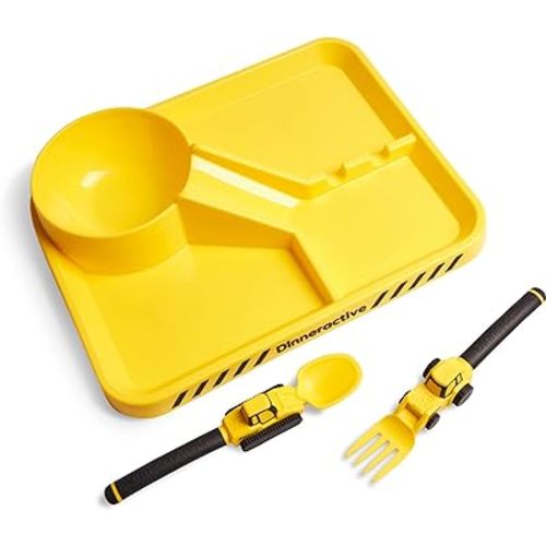 Dinneractive Dining Set for Kids - 3 Piece Construction Themed Toddler Utensils & Toddler Plates - Toddler Forks and Spoons - Kid Plate set