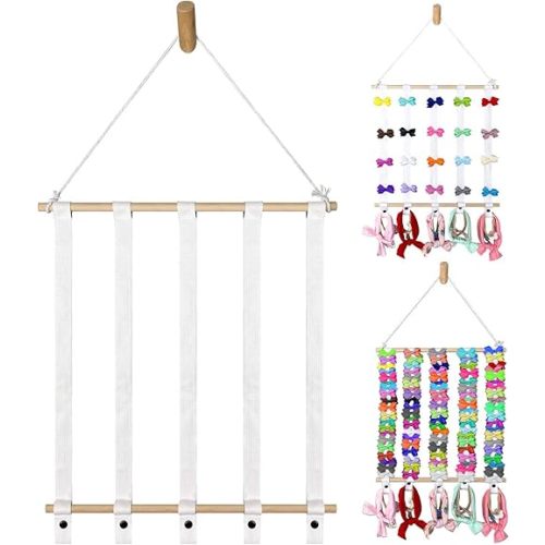 Hair Bow Holder Organizer for Girls - White Cotton Ribbons - Headband, Hair Tie, Clip, Bow Organizers - Baby Hair Accessories Storage Display - Decoration for Girls Room - Baby and Toddler