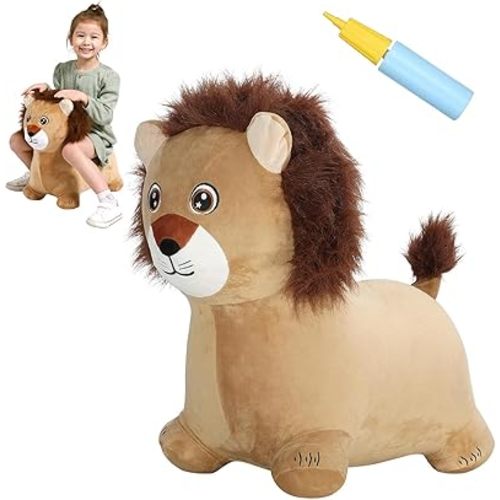 INPANY Bouncy Lion Animal Hopper Toys, Toddlers Plush Bouncing Jungle Zoo Animal Figures, Wild One Birthday Safari Baby Shower Decorations, Ride on Rubber Bouncer, Outdoor Gifts for 2 3 4 Yr Girl Boy