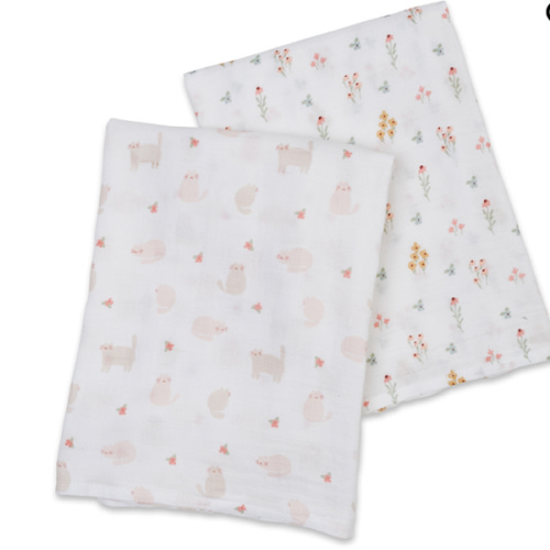 Lulujo Cotton Swaddles - Kitty Cats & Flowers - 40x40" - Mary Meyer Stuffed Toys