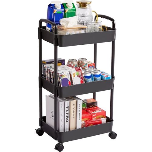 Vtopmart 3 Tier Rolling Cart with Wheels, Detachable Utility Storage Cart with Handle and Lockable Casters, Storage Basket Organizer Shelves, Easy Assemble for Bathroom, Kitchen, Black