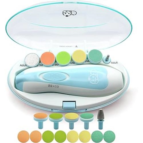 Royal Angels Baby Nail File, 21 in 1 Set with Labels, Electric Nail Kit, Extra 13 Replacement Tools, Baby Nail Trimmer, Baby Nail Care, Newborn Toddler Toes & Fingernails Clipper, Trim & Polish (Blue)