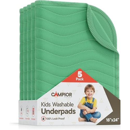 Washable Underpads Medium 18" x24" (Pack of 5) - Reusable Waterproof Bed Pad for Babies and Kids Extra Heavy Absorbent Bedwetting Protection Soft Machine Washable, Green