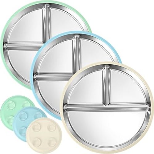 BUSOHA 3 Pack Stainless Steel Kids Plate with Suction - 8.1” Divided Toddler Baby Plates with Silicone Sleeves Non-Slip 2-in-1 Anti Breakage Metal Toddler Bowls Microwave Dishwasher Safe