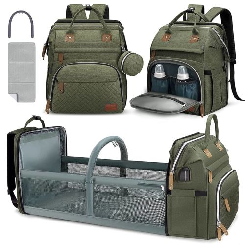 DERJUNSTAR Baby Diaper Bag Backpack with ChangingStation-Large Capacity Baby Bag for Boys & Girls, USBCharging Port, Pacifier Case, sunshade & Toy Bar,Waterproof， Forest