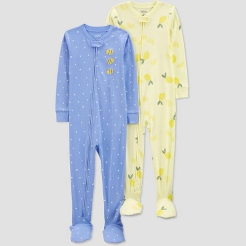 Carter's Just One You®️ Toddler Girls' 2pk Snug Fit Cotton Lemons and Bees Footed Pajama - Yellow/Blue 18M: Crew Neck, Long Sleeve