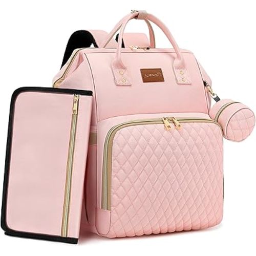 Pink Diaper Bag Backpack for Baby Girls - Baby Shower Gifts for Mom, Quilted Diaper Bag with Changing Pad, Pacifier Case, Insulated Pockets, Stroller Straps, 35L Large Capacity - Cute
