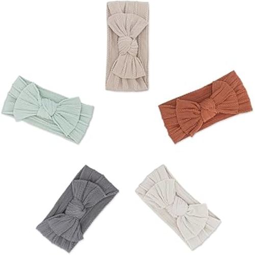Parker Baby Cable Knit Nylon Headbands 5 Pack | Soft, Stretchy & Comfortable Bows for Girls | Adjustable, Soft to Touch & Knotted Headbands for Baby Girls | Baby Headwraps for Girls | Multiple Colors
