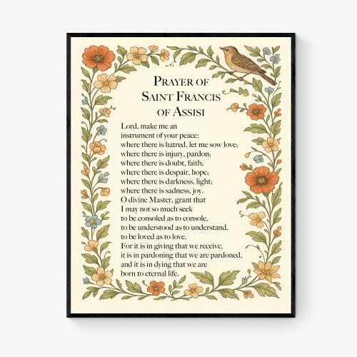 St Francis Peace Prayer Wall Art Print | Vintage Floral Birds Ancient Christian | Living Room Home Decor | Church | Religious Poster