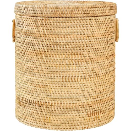 Rattan Laundry Hamper With Lid, Round Wicker Large Hampers For Laundry With Liner Bag and Handles for Organizing Clothes Kids Toys Books (13.8" L×13.8"W×15.7"H） - Round Brown-Ring - 13.8"x13.8"x15.7"