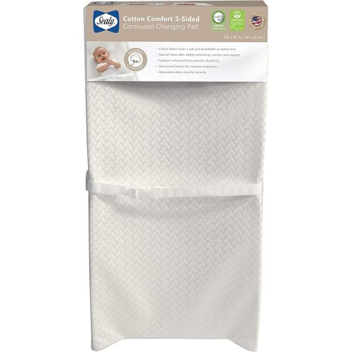 Sealy Baby Cotton Comfort Waterproof 3-Sided Contoured Diaper Changing Pad for Dresser or Table, Durable Easy to Clean Surface, Eco Friendlier Cover & Soy-Enhanced Foam, Made in USA - White, 32” x 16”