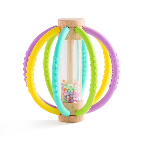 Silicone Baby Rattle for Newborns 6-12 Months, Montessori Sensory Developmental Toy, Relief Chew Teether―Wooden Learning Shaker Infant Rain Maker, Soft Activity Ball Roller for Boys & Girls