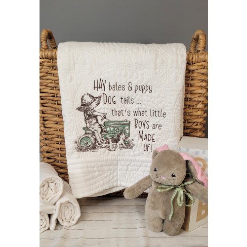 Heirloom Baby Quilt, White, Embroidery, Tractor, Green, Dark Brown, Farmer, Embroidered, Shower, Gift, Nursery, Farm, Boy, Keepsake