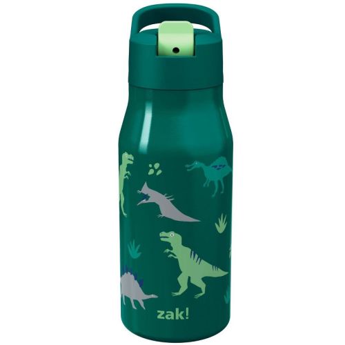 Zak Designs 14 fl oz Double Walled Stainless Steel Tranquility Straw Bottle - Dinosaur: Insulated Drinkware for Kids