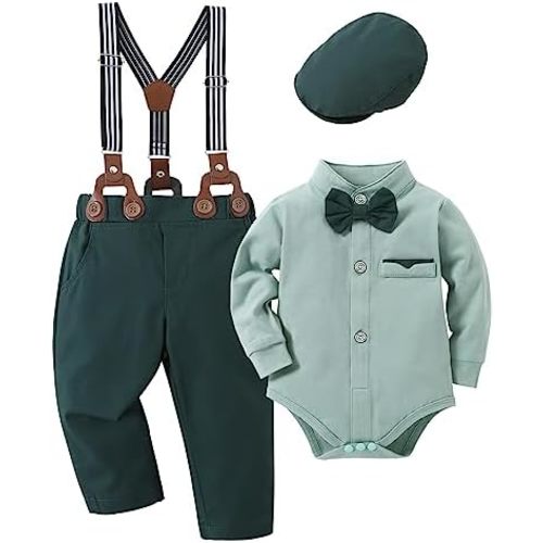 Baby Boy Clothes Suits 0-24M Infant Gentleman Outfit Long Sleeve Dress Shirt+Suspender Pants+Bowtie+Beret Wedding Set